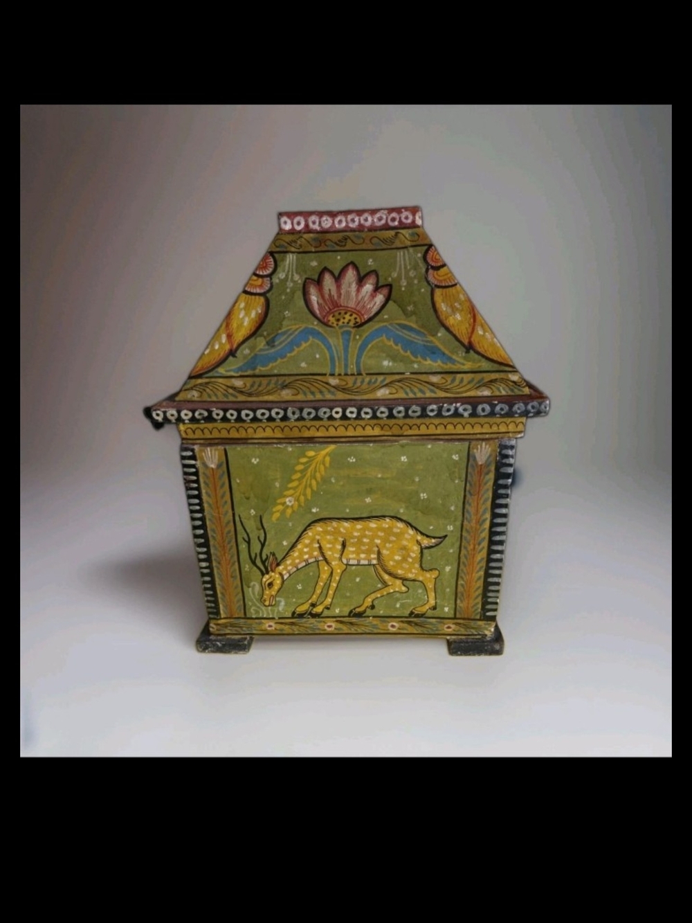 Antique Large Hand Painted Wooden Art Box Leopard Elephant Horse Kashmir India